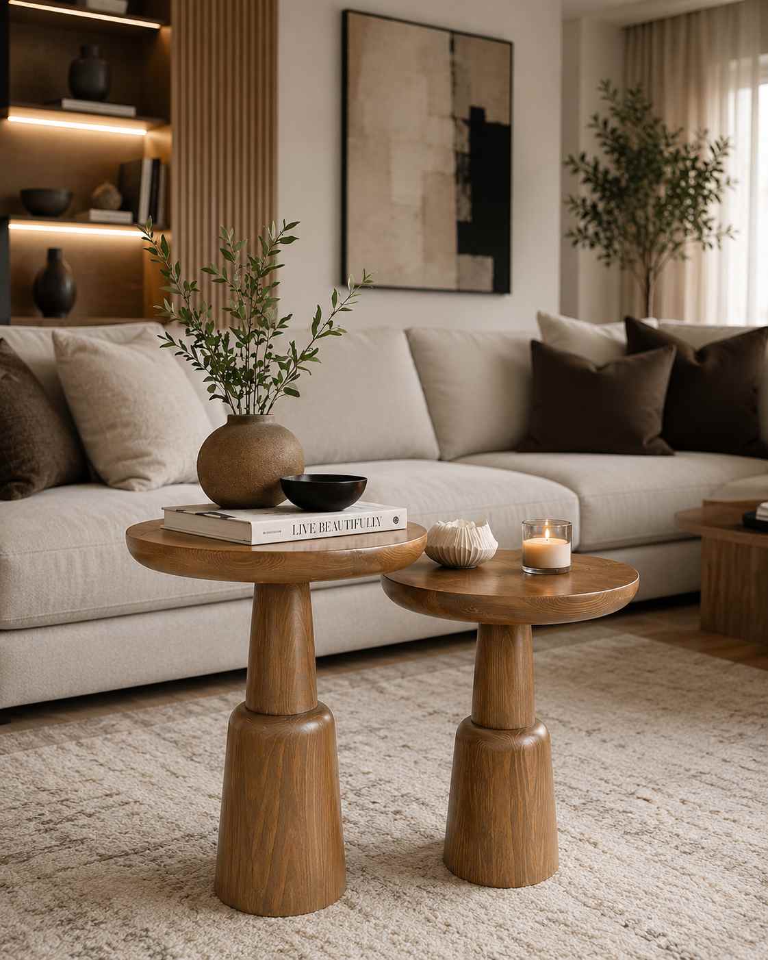 Nuvia - Tütün Renk Ahşap Yan Sehpa – 2'li Set Dekoratif Model - Görsel 3