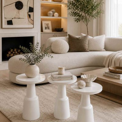 Nuvia - Beyaz Ahşap Yan Sehpa 3'lü Modern Salon Yan Sehpası - Ahşap El Yapımı Yan Sehpa Gorsel 2 | Simillo