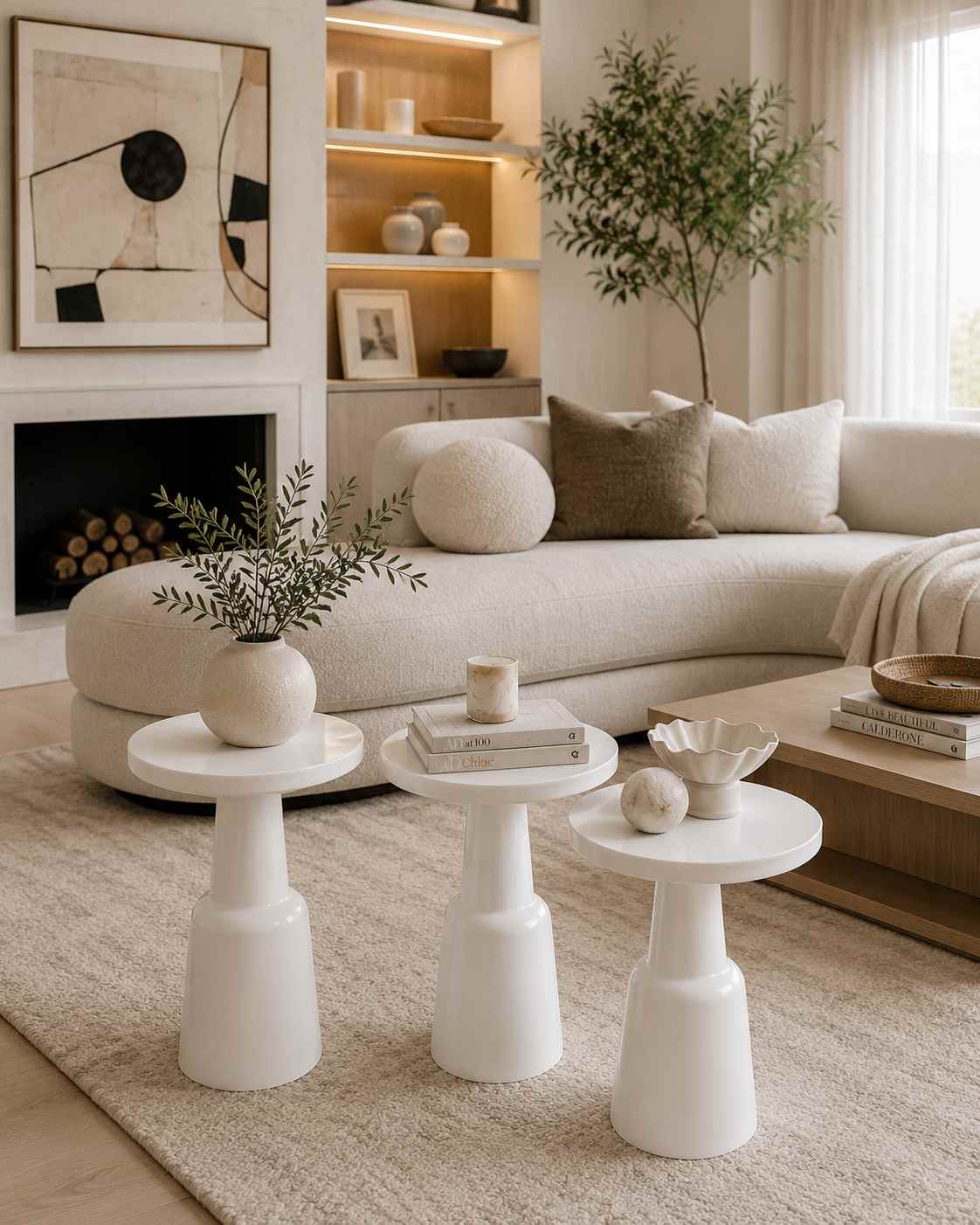 Nuvia - Beyaz Ahşap Yan Sehpa 3'lü Modern Salon Yan Sehpası - Ahşap El Yapımı Yan Sehpa Gorsel 2 | Simillo
