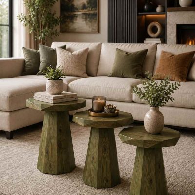 Nutra - 3'lü Çimen Yeşili Ahşap Sehpa Mantar Sehpa Modeli