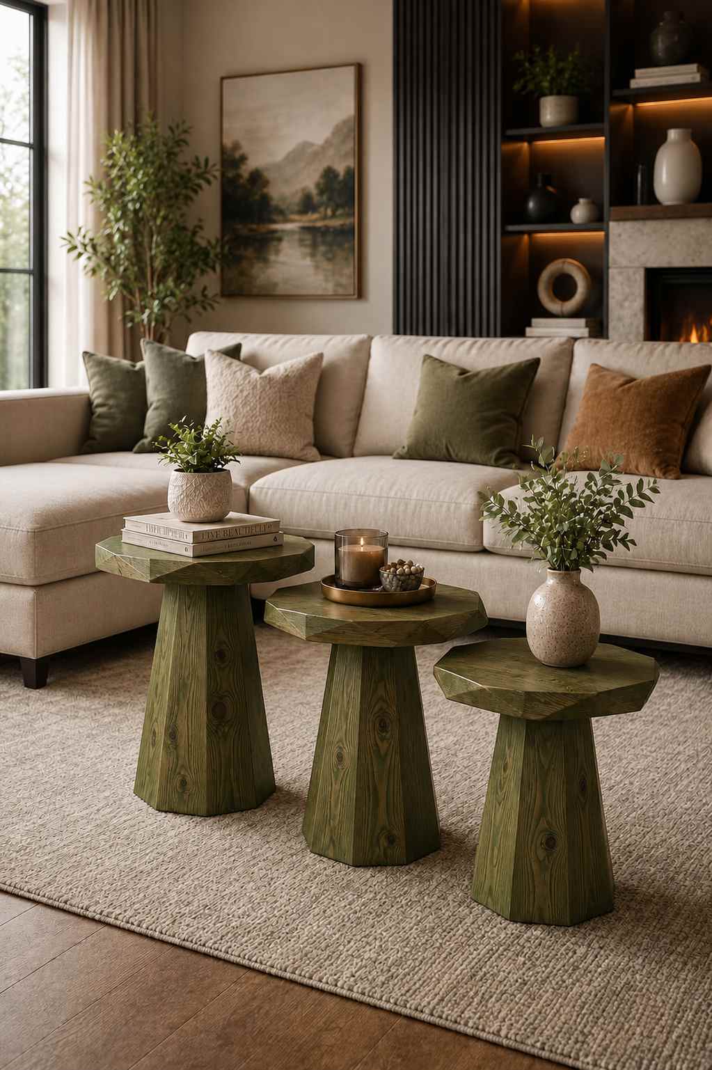 Nutra - 3'lü Çimen Yeşili Ahşap Sehpa Mantar Sehpa Modeli