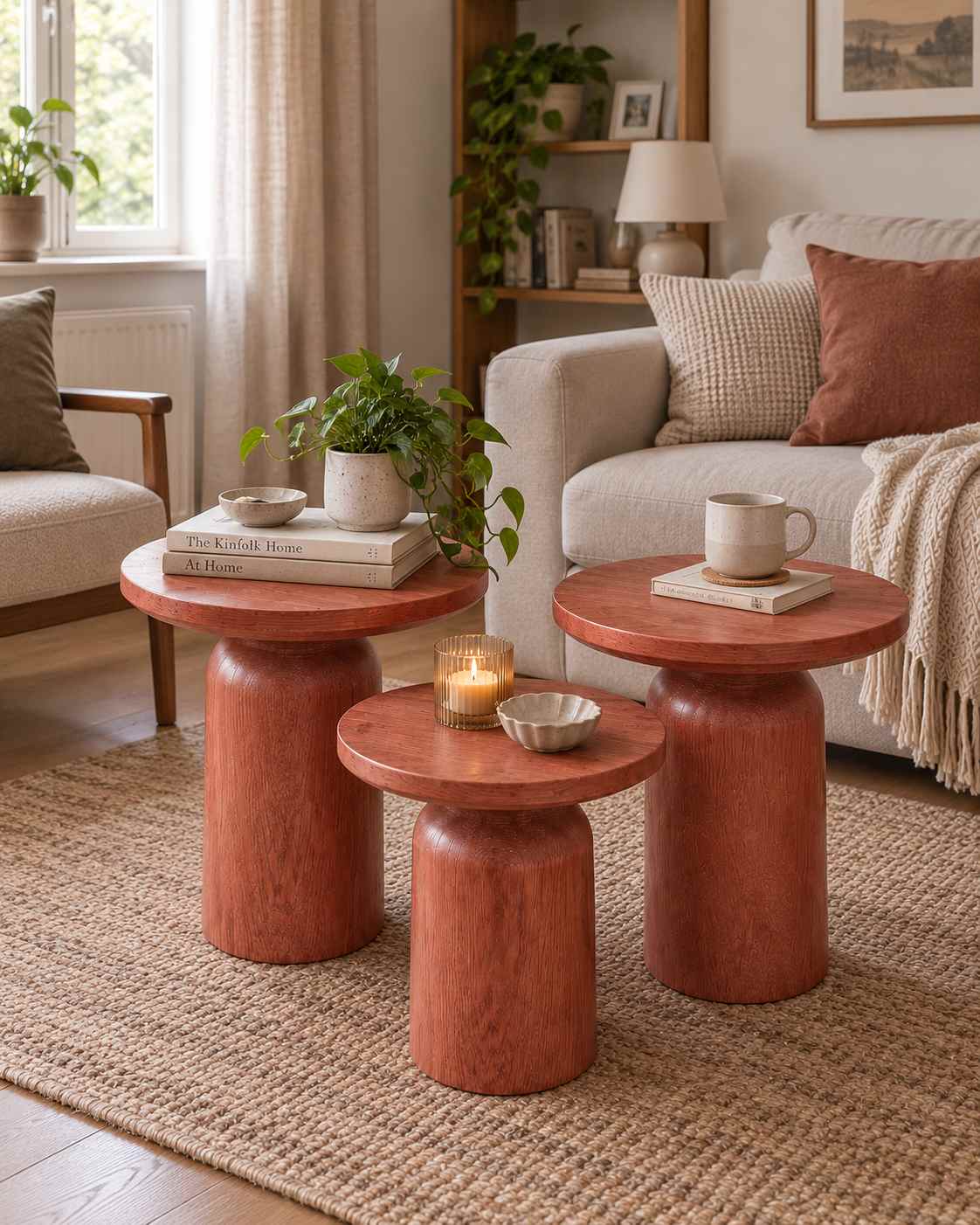 Norr - Maun Renk 3’lü Set Masif Ahşap Çiçeklik Modern Yan Sehpa - Görsel 2
