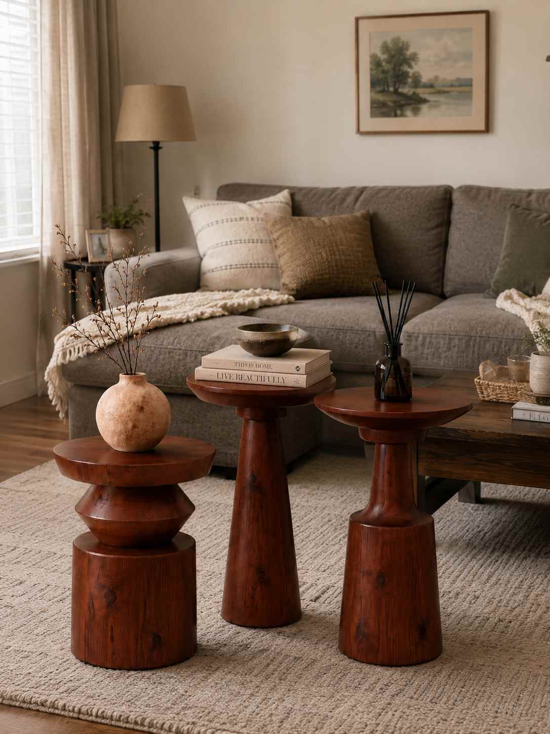 Nordtre - Modern Kestane Renk 3'lü Masif Ahşap Yan Sehpa