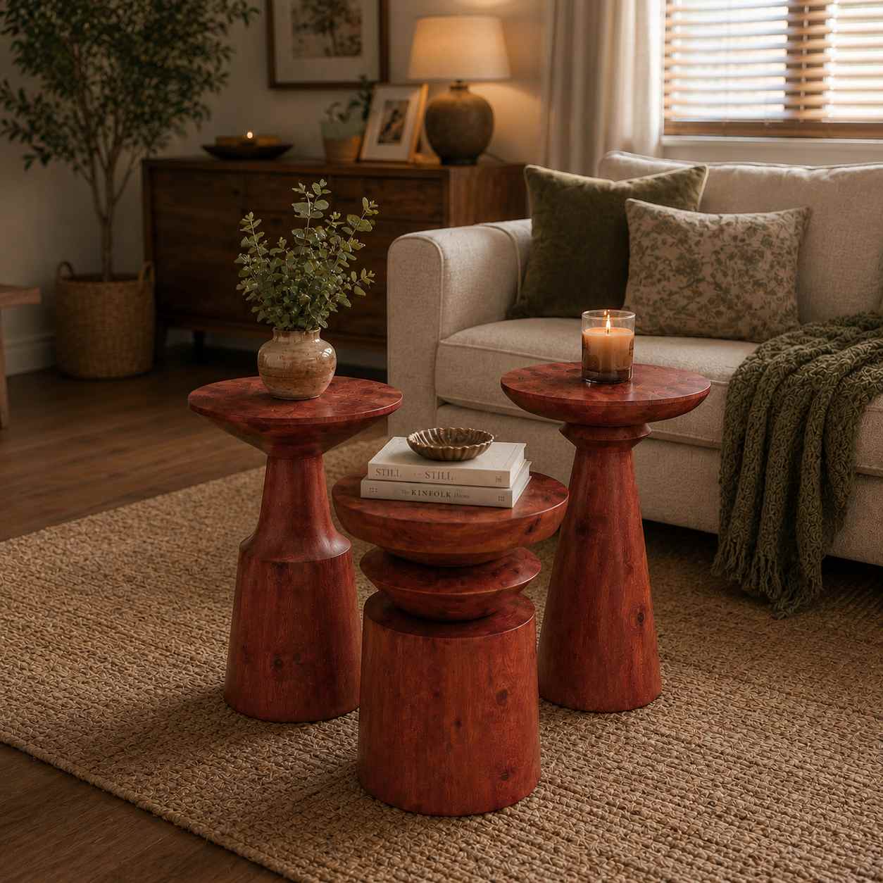 Nordtre - Modern 3’lü Ahşap Yan Sehpa Seti Fındık Renk