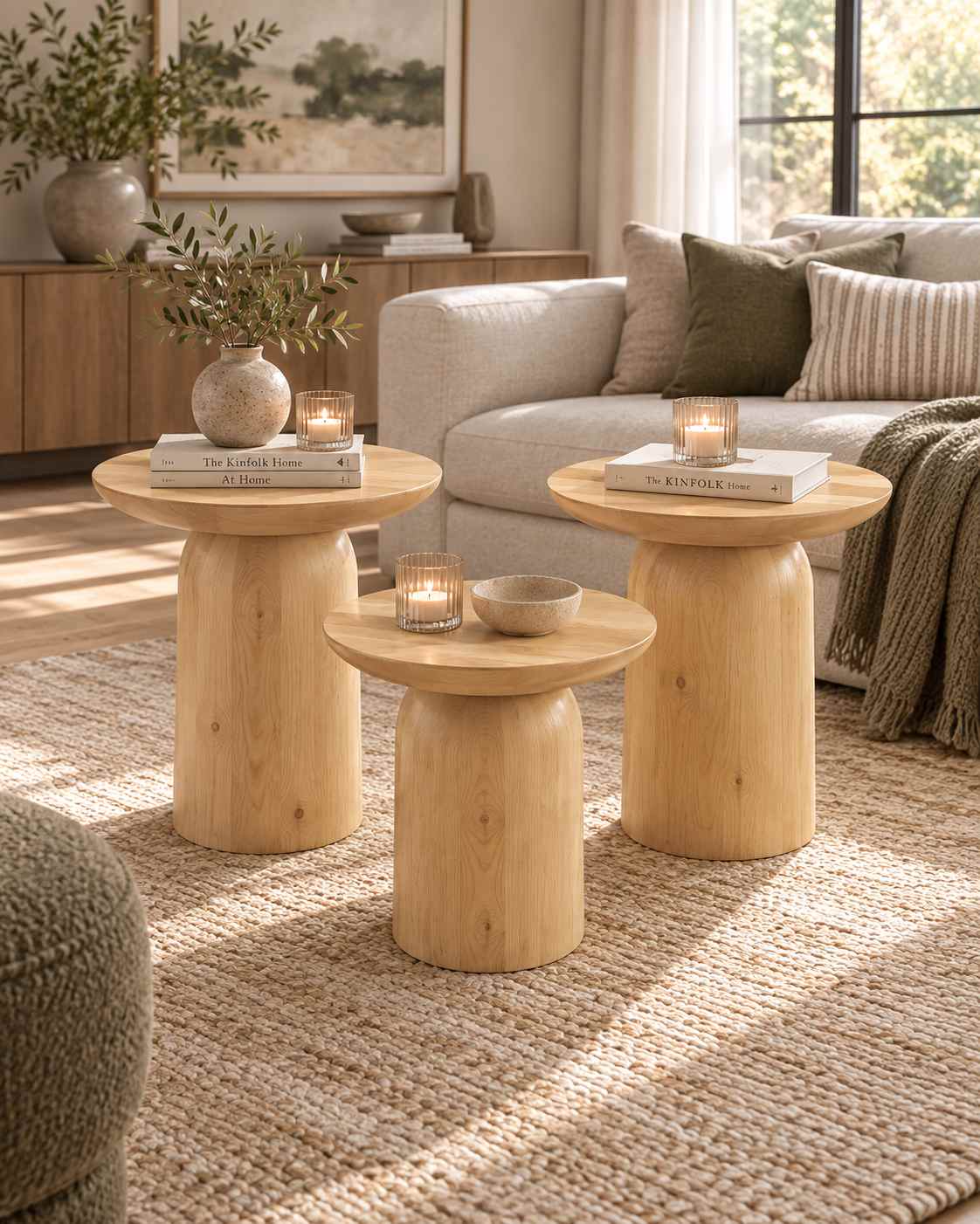 Norr - Doğal Ahşap 3'lü Dekoratif Yan Sehpa Seti – Naturel Renk - Görsel 2