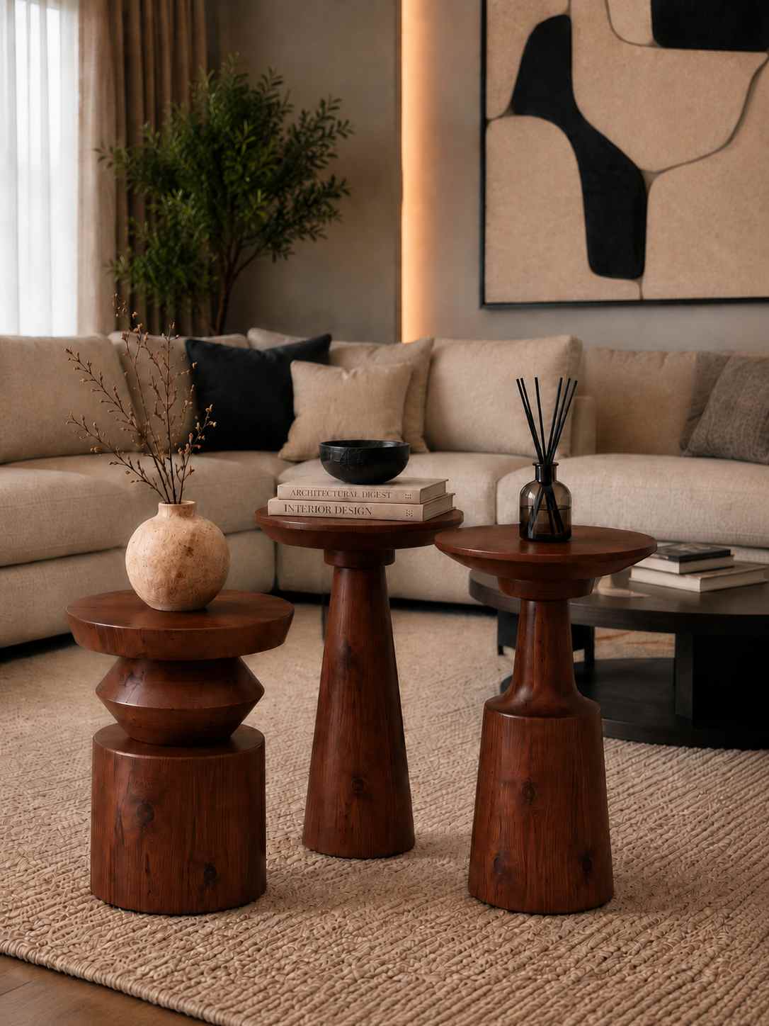 Nordtre - Modern Kestane Renk 3'lü Masif Ahşap Yan Sehpa - Görsel 3