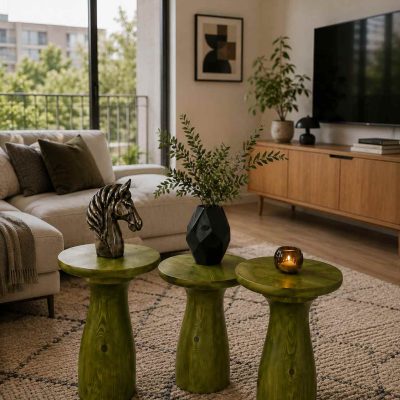 Linea - Çimen Yeşili Renk 3'lü Ahşap Yan Sehpa Seti - Ahşap El Yapımı Yan Sehpa | Simillo