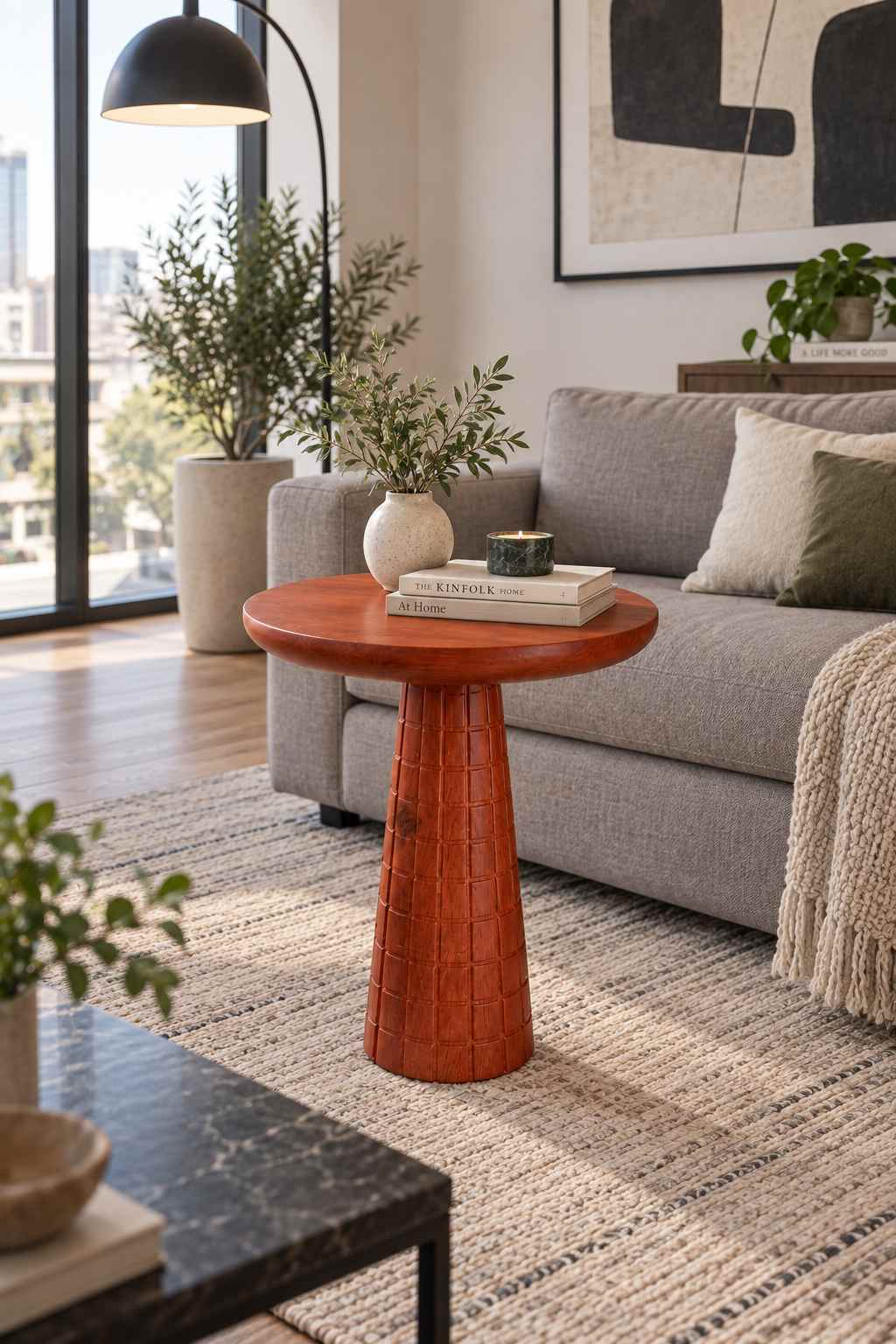 Oslo - Doğal Masif Ahşap Maun Renk Tekli Salon Mantar Sehpa