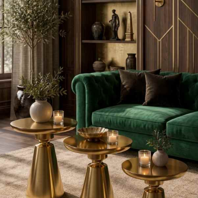 Lorvian - 3'lü Altın Renk Mantar Sehpa Doğal Ahşap Modern Dekoratif Sehpa