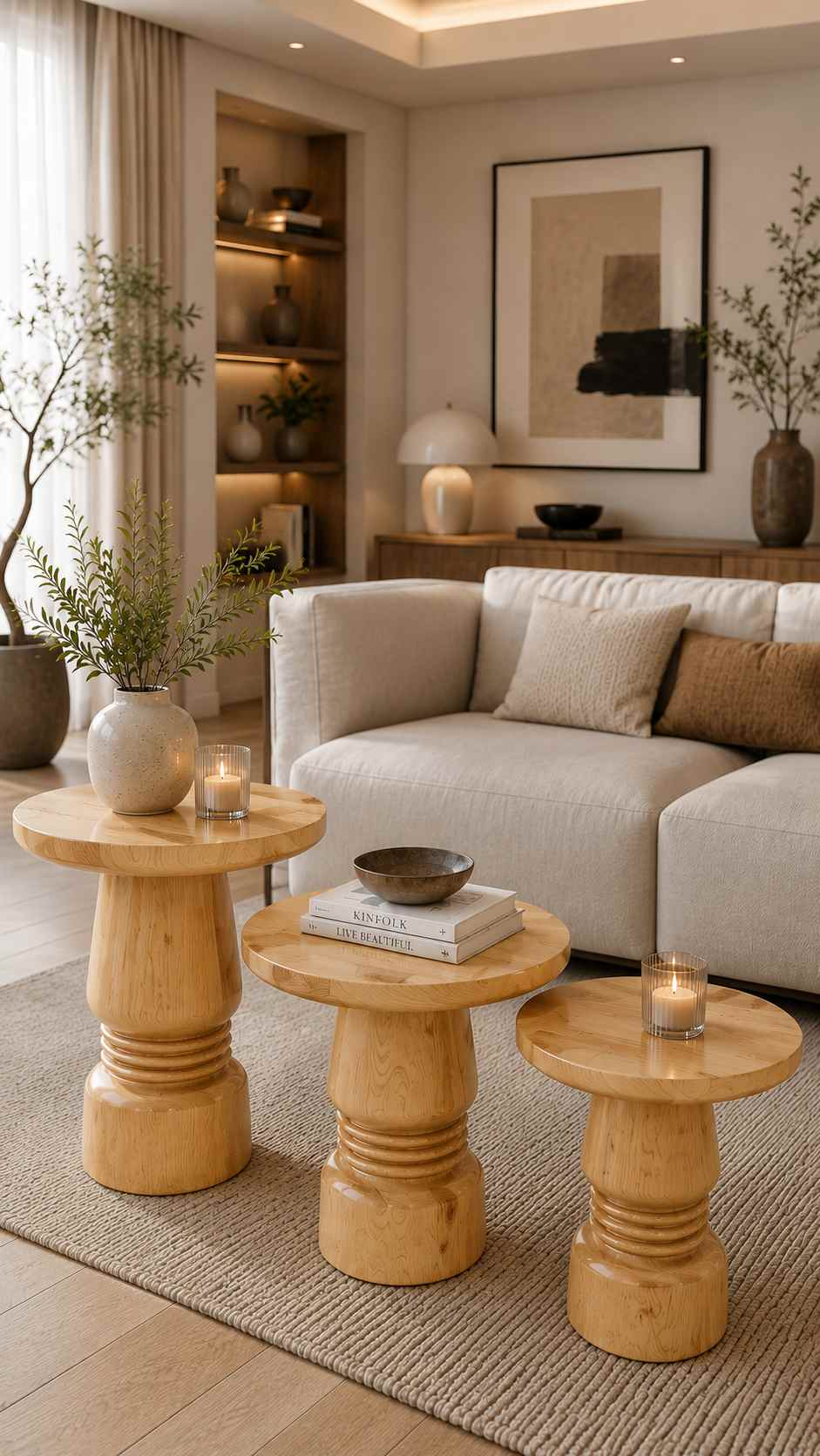 Lureva - Minimal 3'lü Yan Sehpa Naturel Renk Masif Ahşap Set