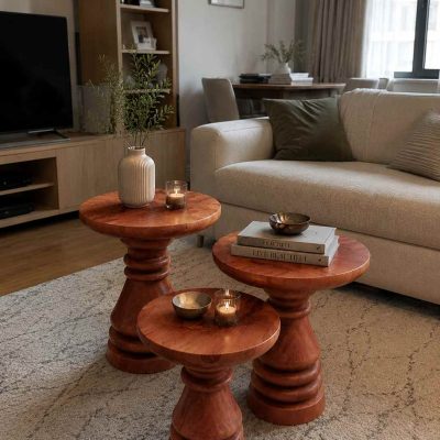 Rovena - 3'lü Maun Renk Mantar Sehpa Doğal Masif Ahşap Set