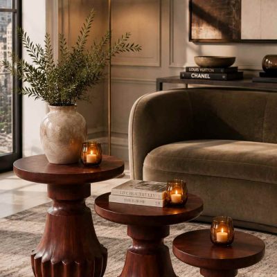 Veloura - Doğal Ahşap Meşe Renk 3'lü Dekoratif Sehpa Salon Yan Sehpası