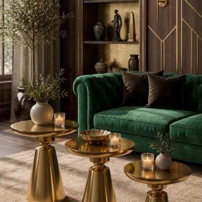 lorvian altın üçlü mantar sehpa - Lorvian - 3'lü Altın Renk Mantar Sehpa Doğal Ahşap Modern Dekoratif Sehpa