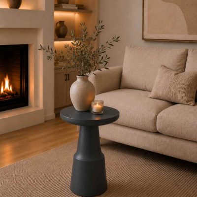 Vintora - Tekli Antrasit Renk Ahşap Yan Sehpa Modern Salon Sehpası