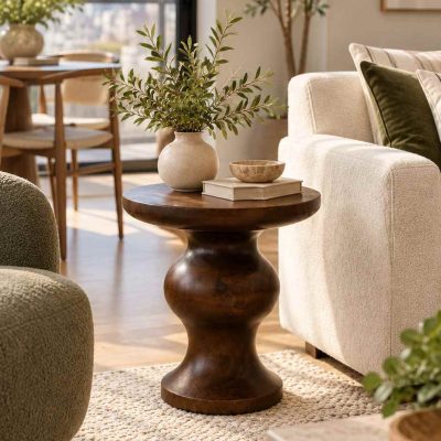 Virello - Doğal Masif Ahşap Tekli Ceviz Renk Dekoratif Yan Sehpa