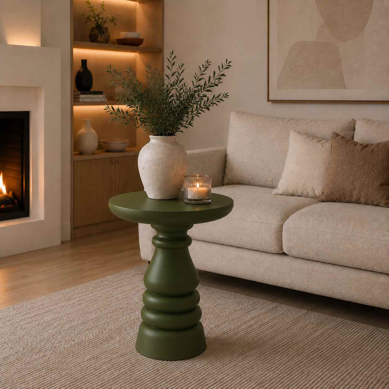 Rovena - Doğal Masif Ahşap Tekli Yeşil Renk Mantar Sehpa