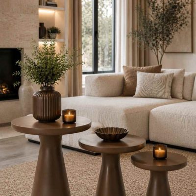 üçlü kahverengi mantar sehpa - Elvora - Modern 3'lü Kahverengi Mantar Sehpa Masif Ahşap Set