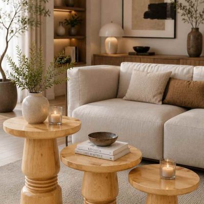 üçlü naturel yan sehpa - Lureva - Minimal 3'lü Yan Sehpa Naturel Renk Masif Ahşap Set